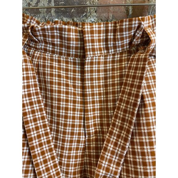 LOTTIE MOSS • Burnt Orange Brown/White Plaid High Waist Belted Paper Bag Shorts - Picture 4 of 11